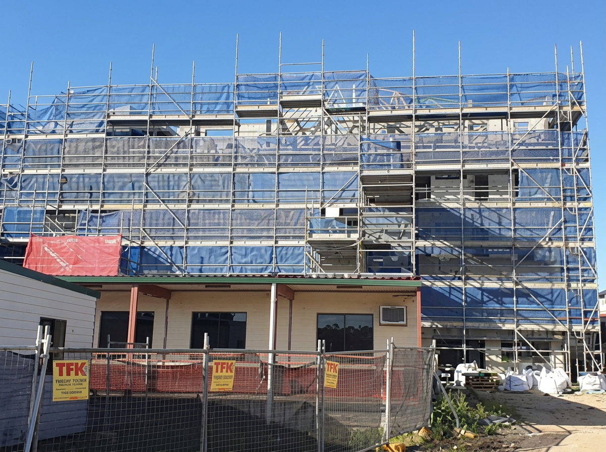 Large-scale render in progress with full scaffold and shade cloth